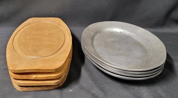 Vintage Pewter Serving Trays With Wooden Holders