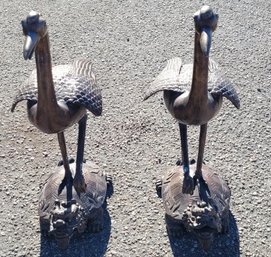 Pair Of Chinese Bronze Cranes Bird On Top Of Turtle Like Dragons