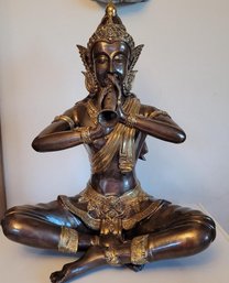 Large Bronze Figure Of Indra Playing A Flute Like Instrument Unknown Provence