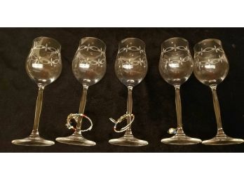 5 Etched Glass Wine Glasses W/ 3 Charms