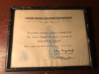 Framed United States Treasury Department Certificate