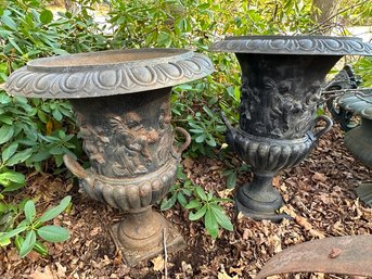 Large Pair Of Cast Iron Garden Urns One W/ Broken Rim