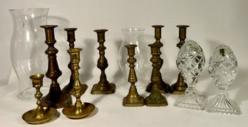 Antique Brass Candlesticks W/ Two Hurricane Shades, Crystal Garniture
