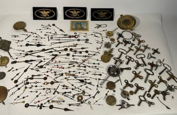 Antique Clock Hands, Weights, Keys, Reverse Painted Panels