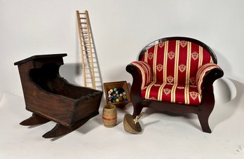 Vintage Cradle W/ Miniature Chair And Other Toys