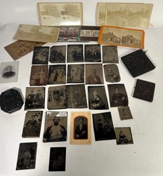 Group Of Antique Tintypes, Gutta Percha Case, Stereoviews