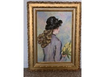 Oil On Canvas Young Woman In Hat
