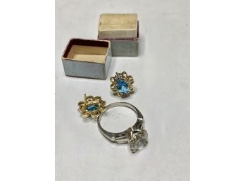 14K Gold Blue Topaz Earrings And 14K Rock Crystal Ring