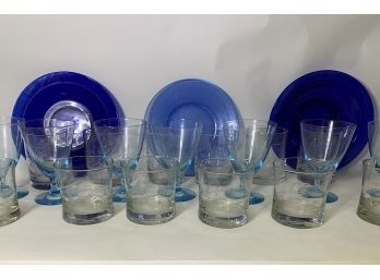 Glass Ware Including Ship Glasses And Pale Turquoise Stems, Cobalt Plates