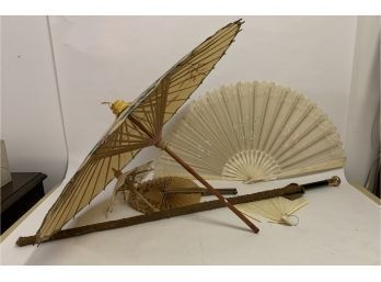 Rosewood Walking Stick W/ Fans And Parasol