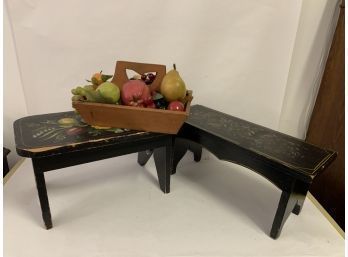 Two Hand Painted Stools With Knife Box And Fruit