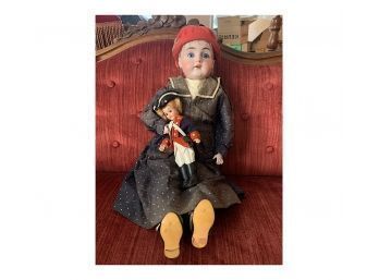 Antique German Doll W/ Antique Clothing And A Friend