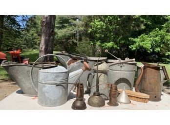 Group Of Galvanized Buckets And Watering Cans