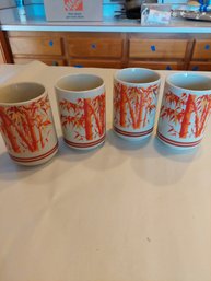 Lot Of 4 Porcelain Cups With Painted Bamboo Art