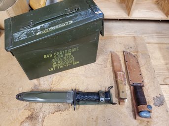 Vietnam Era Bayonet, Ammo Can, Two Knives