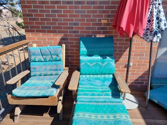 Wooden Patio Chair And Chaise Lounge With Padding And Umbrellas