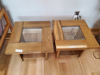 Wood End Table Pair W/ Glass Inlay 18x18x15