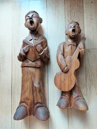 Pair Large Retro Wood Carvings 2 Musicians 18'x4 And 12'x4'