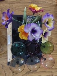 Porcelain Flowers In Brilliant Crystal Vase And Mcm Multicolored Cocktail Glasses