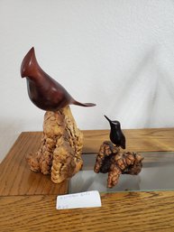 2 Hand Carved Wooden Birds By Miles Greer