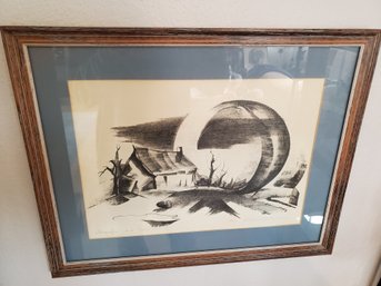 Vintage Lithography Signed Desolate Scene 21x17