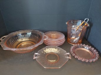 Anchor Hocking Mayfair Open Rose Pink Bowls Plates Ice Bucket And Candlewick
