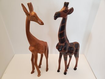 2 Hand Carved Wooden African Giraffes 18' Tall