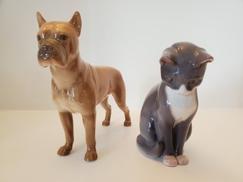 2 Copenhagen Porcelain Figures Dog & Cat