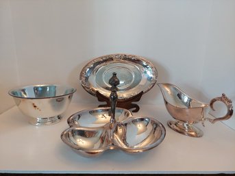 Silver Plate Candy Dish Gravy Boat Plate And Bowl