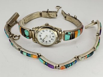 Sterling Silver Bracelet & Watch W/ Inlay