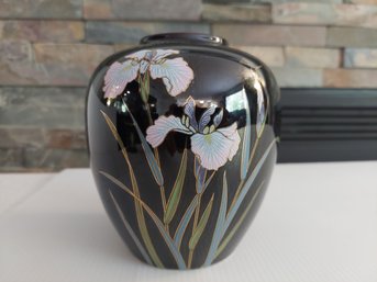 K Yoritsu Of Japan Vase Japanese Black Porcelain Iris & Dragonfly Gold Details 5 Tall