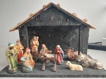 Vintage Ceramic And Wood Nativity Made In Germany