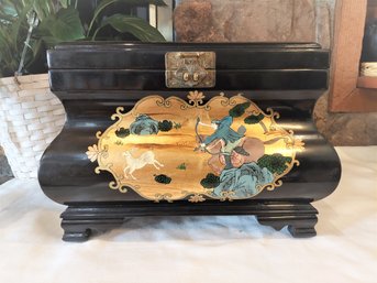 Chinese Lacquer Wood Jewelry Box With Green Interior