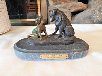 Antique Desktop Bronze Metal Sculpture G.  Ferrad , Cant You Talk? A Toddler Trying To Get Her Dog