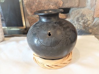 Black Etched Flower Design Rounded Pottery Vase