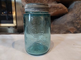 1858 Mason's Patent Blue Glass Fruit Jar Zinc Cap