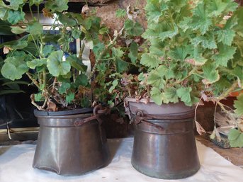 Antique Flower Pot Planter Box Copper Handmade (2) With Geraniums