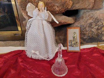 Vintage Virgin Mary, Shepherds 3D Metal Angel Tree Topper And Small Crystal Bell