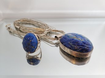 Sterling Silver Blue Stone Ring And Necklace