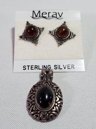 Amber & Jade Sterling Silver Pendant Earing Set
