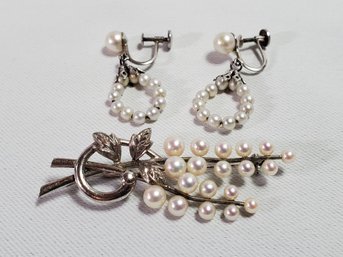 Sterling Silver Grapevine Pearl Pin & Earings