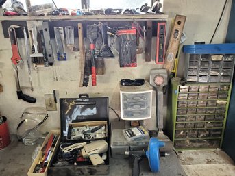 Lot Of Tools- Organizers, Glue Gun, Wrenches, Levels, Hardware And More