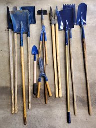 Lot Of Yard Tools- Shovels, Post Hole Diggers, Hoe, Trimmers