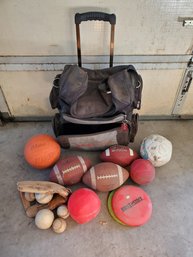 Lot Of Sports Gear- Foot Balls, Baseballs Baseball Glove, Bowling Ball Bag