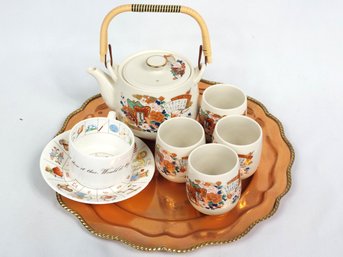 Tea Set With Kettle Cups And Copper Tray