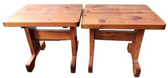 Sturdy Vintage Pair Of Handcrafted Hardwood End Tables