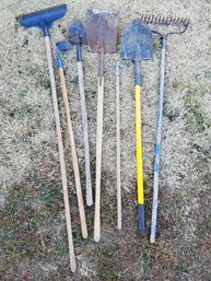 Lot Of Lawn Tools- Shovels Rakes