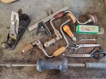 Lot Of Antique Tools- Drills, Planer, Scissors