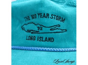 VINTAGE 1992 LONG ISLAND TEAL CORDUROY THE 100 YEAR STORM STRAPBACK HAT