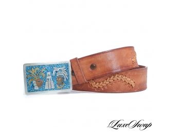 VINTAGE WHIPSTITCH HAND TOOLED LEATHER BELT WITH STERLING SILVER AND TURQUOISE INLAY BUCKLE